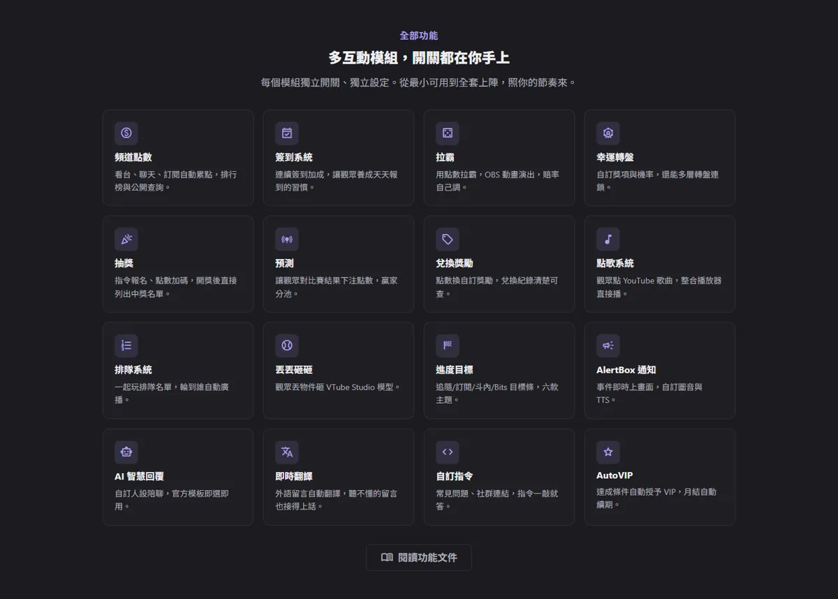 Full feature list: every interaction module can be switched on separately