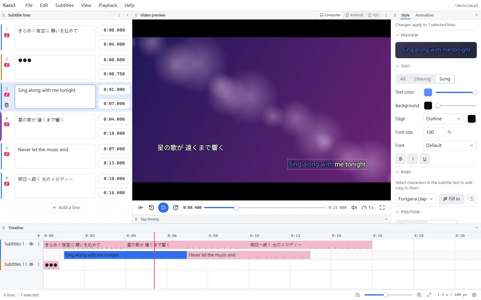 Kara3 editor with subtitle list, video preview, style panel and timeline
